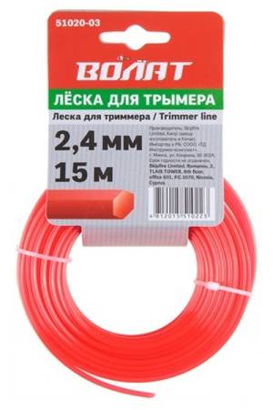Леска для триммера ВОЛАТ, сечение шестигранник, Ø 2.4 мм, 15 м